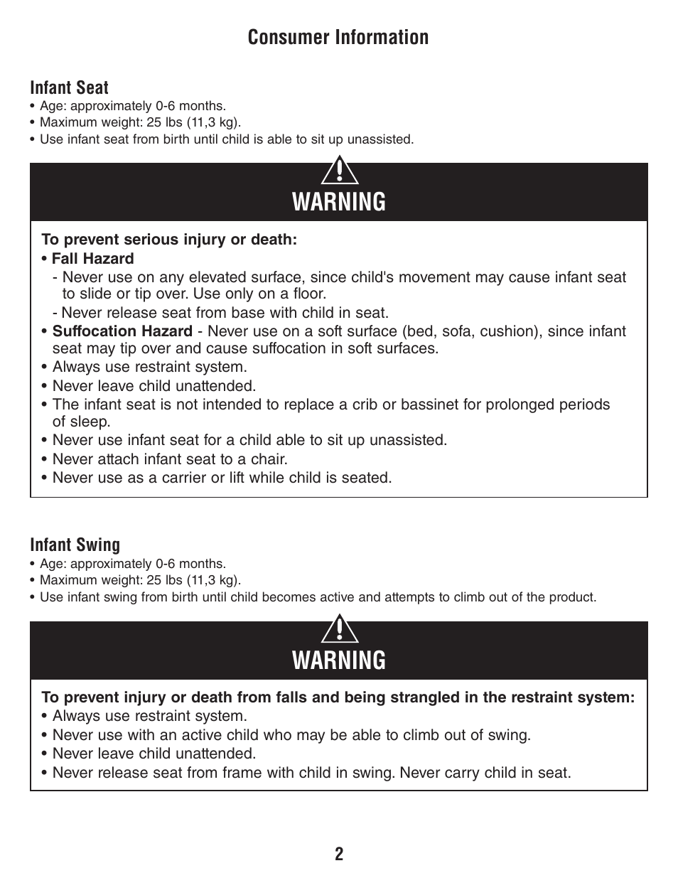 Warning, Consumer information | Fisher-Price T3643 User Manual | Page 2 / 20