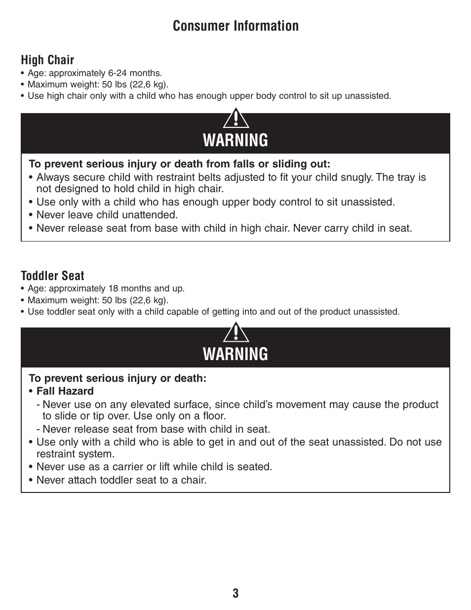 Warning, Consumer information | Fisher-Price T3643 User Manual | Page 3 / 20