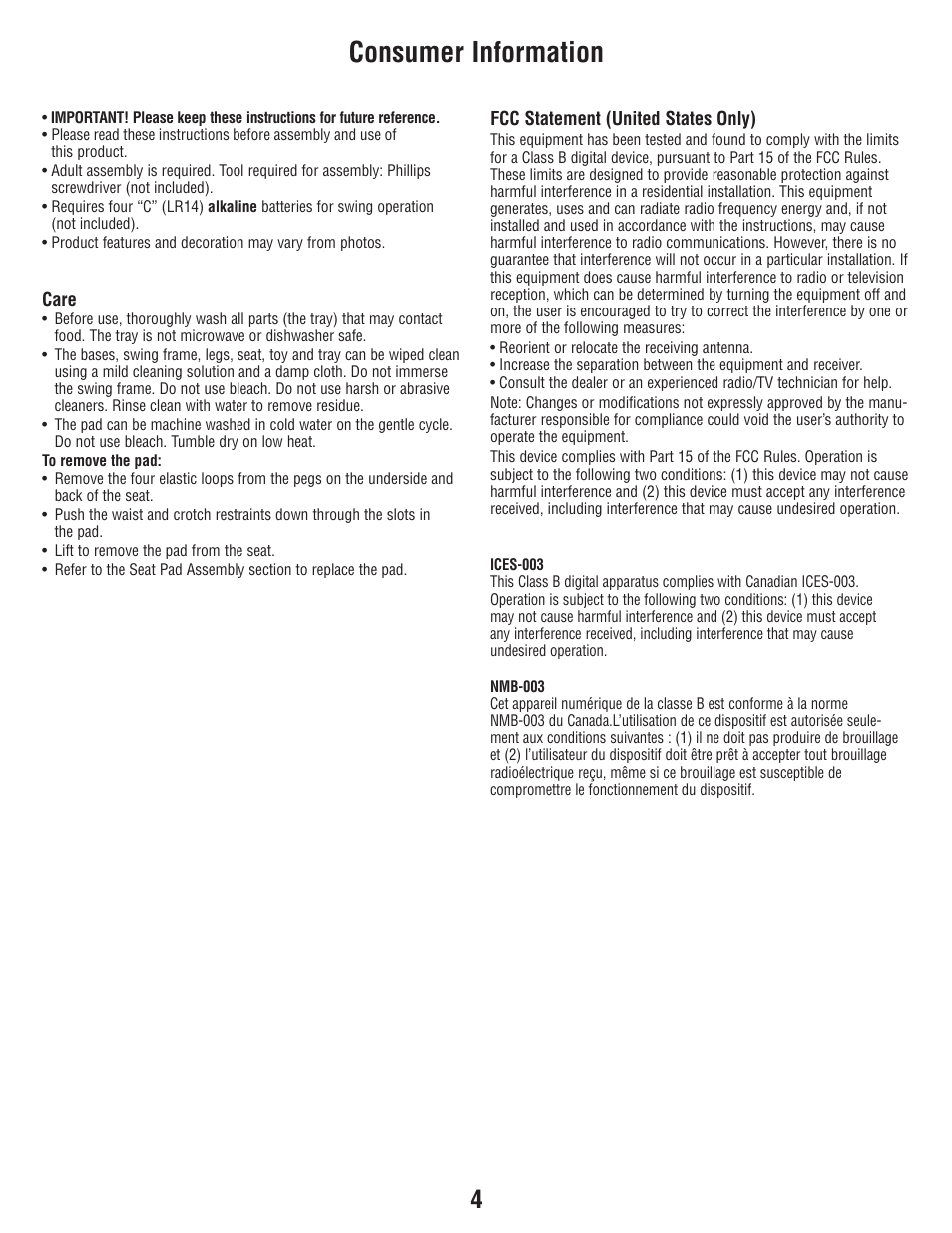 Consumer information | Fisher-Price T3643 User Manual | Page 4 / 20