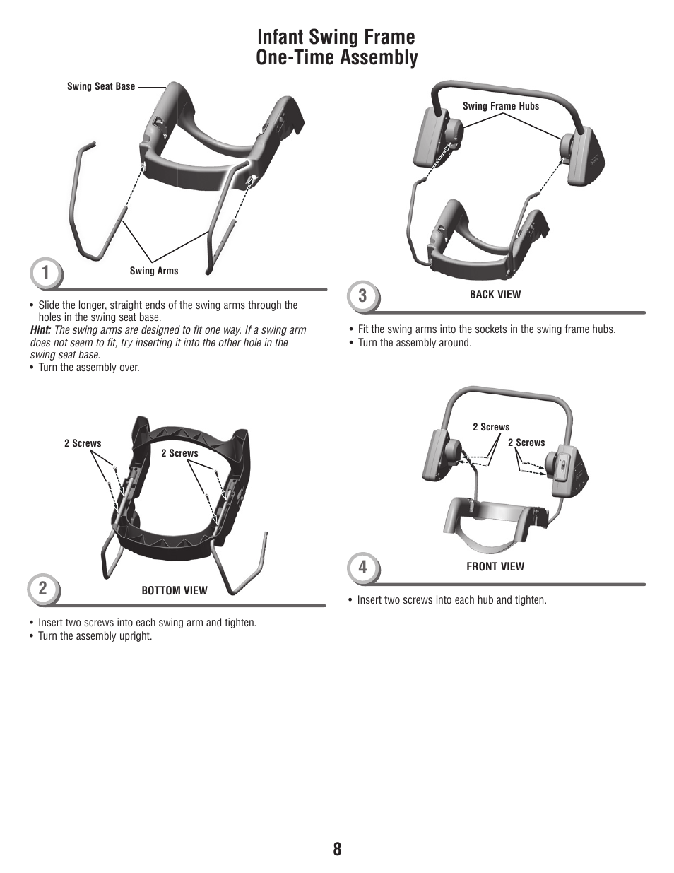 Infant swing frame one-time assembly | Fisher-Price T3643 User Manual | Page 8 / 20