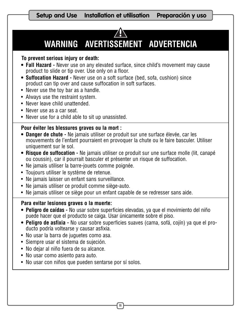 Warning avertissement advertencia | Fisher-Price P2792 User Manual | Page 11 / 16