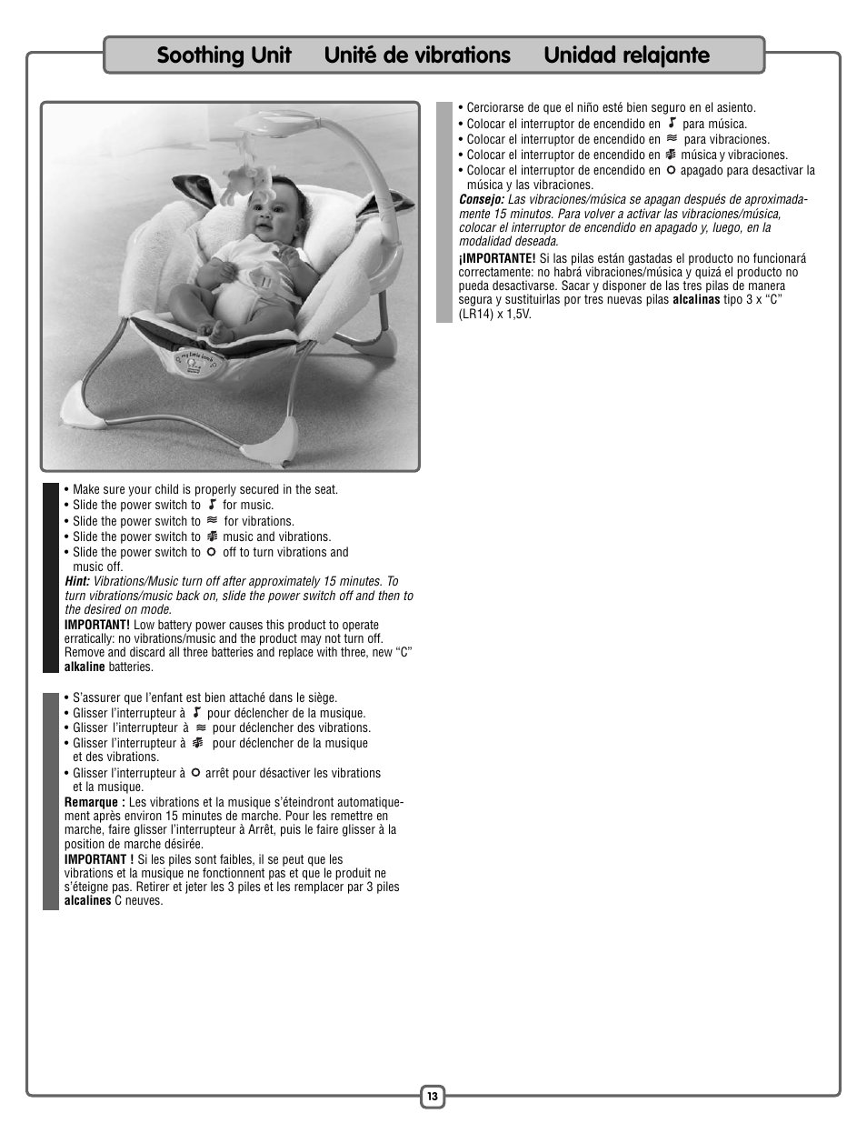 Soothing unit unité de vibrations unidad relajante | Fisher-Price P2792 User Manual | Page 13 / 16