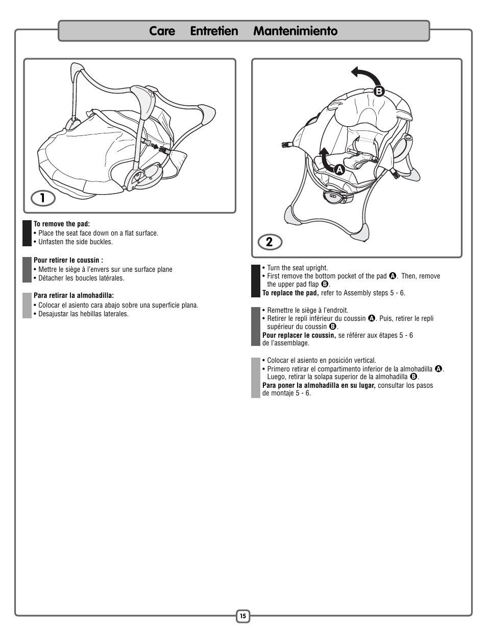 Care entretien mantenimiento 1 2 | Fisher-Price P2792 User Manual | Page 15 / 16