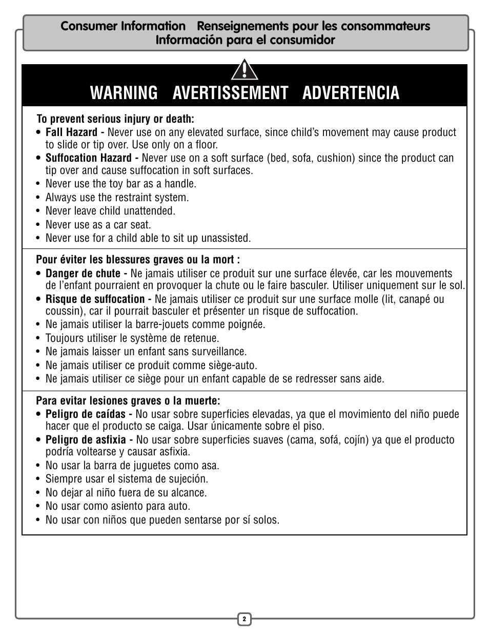 Warning avertissement advertencia | Fisher-Price P2792 User Manual | Page 2 / 16