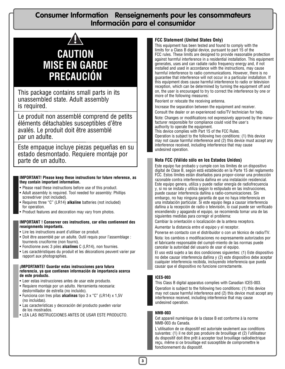 Caution mise en garde precaución | Fisher-Price P2792 User Manual | Page 3 / 16