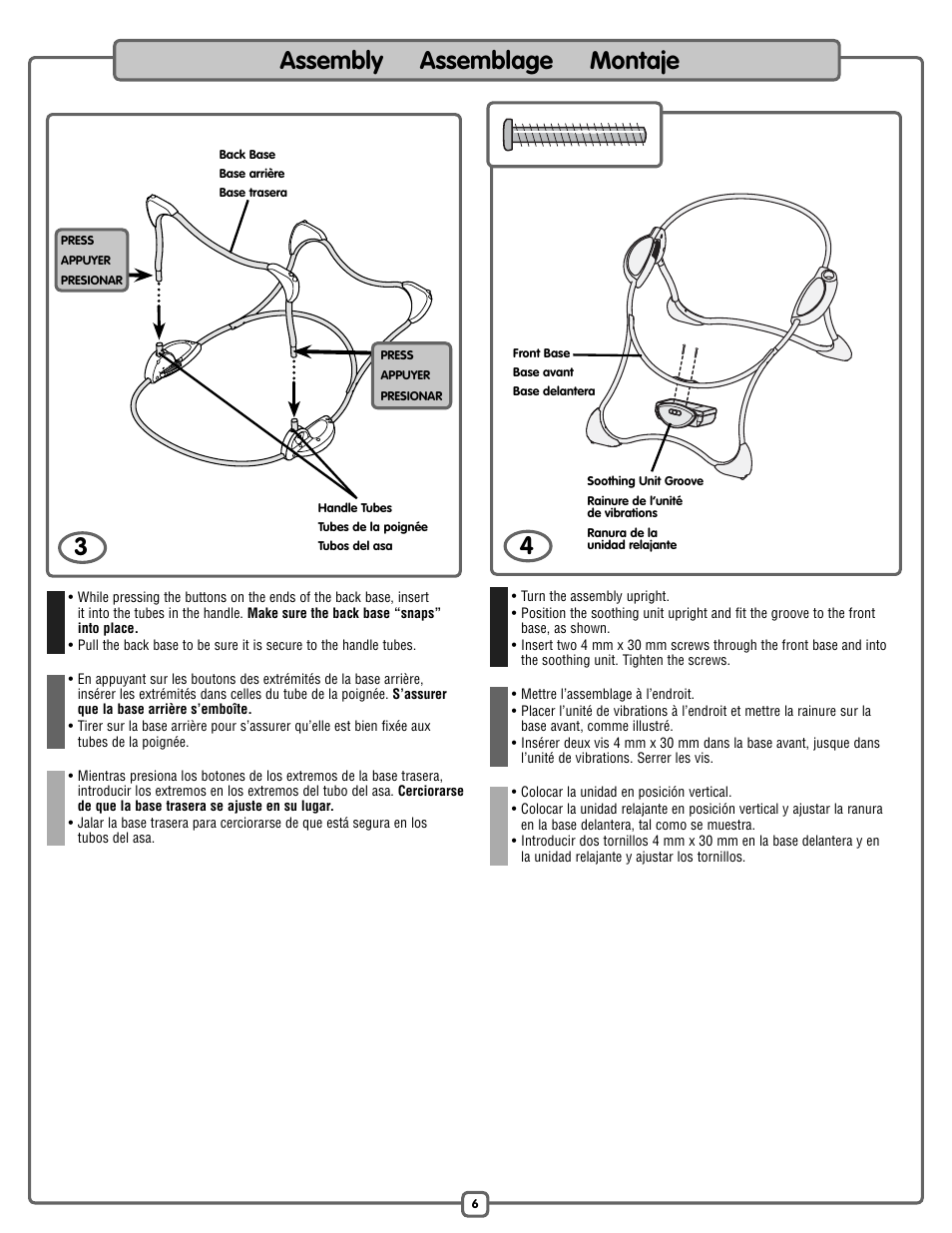 Assembly assemblage montaje 3 4 | Fisher-Price P2792 User Manual | Page 6 / 16