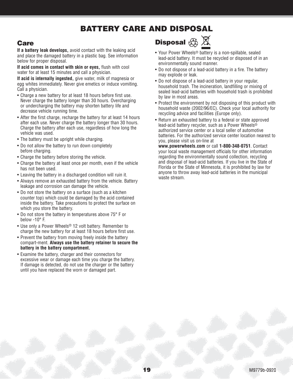 Battery care and disposal, Care, Disposal | Fisher-Price M9779 User Manual | Page 19 / 28