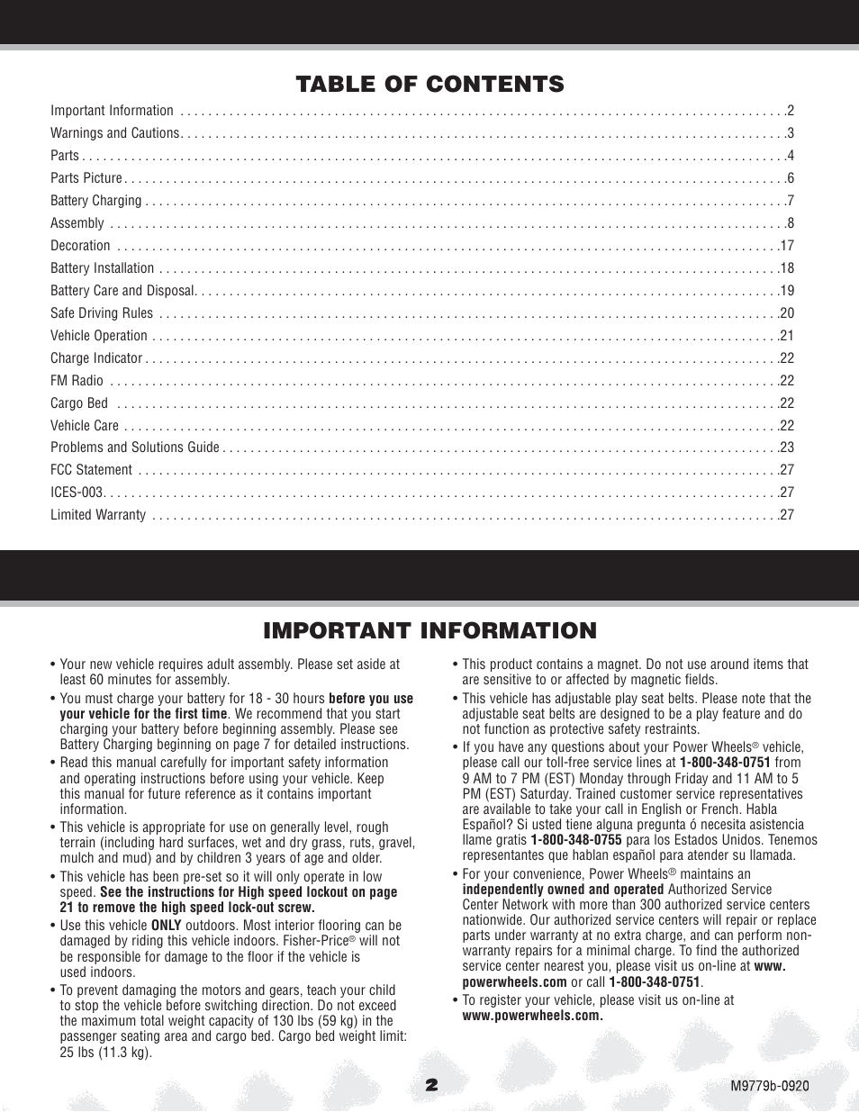 Important information table of contents | Fisher-Price M9779 User Manual | Page 2 / 28