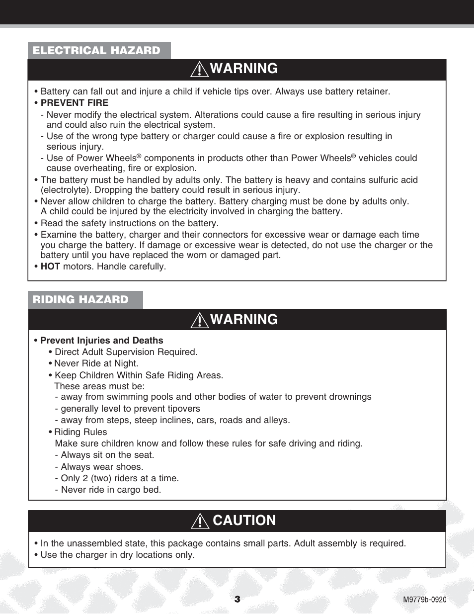 Warning, Caution | Fisher-Price M9779 User Manual | Page 3 / 28