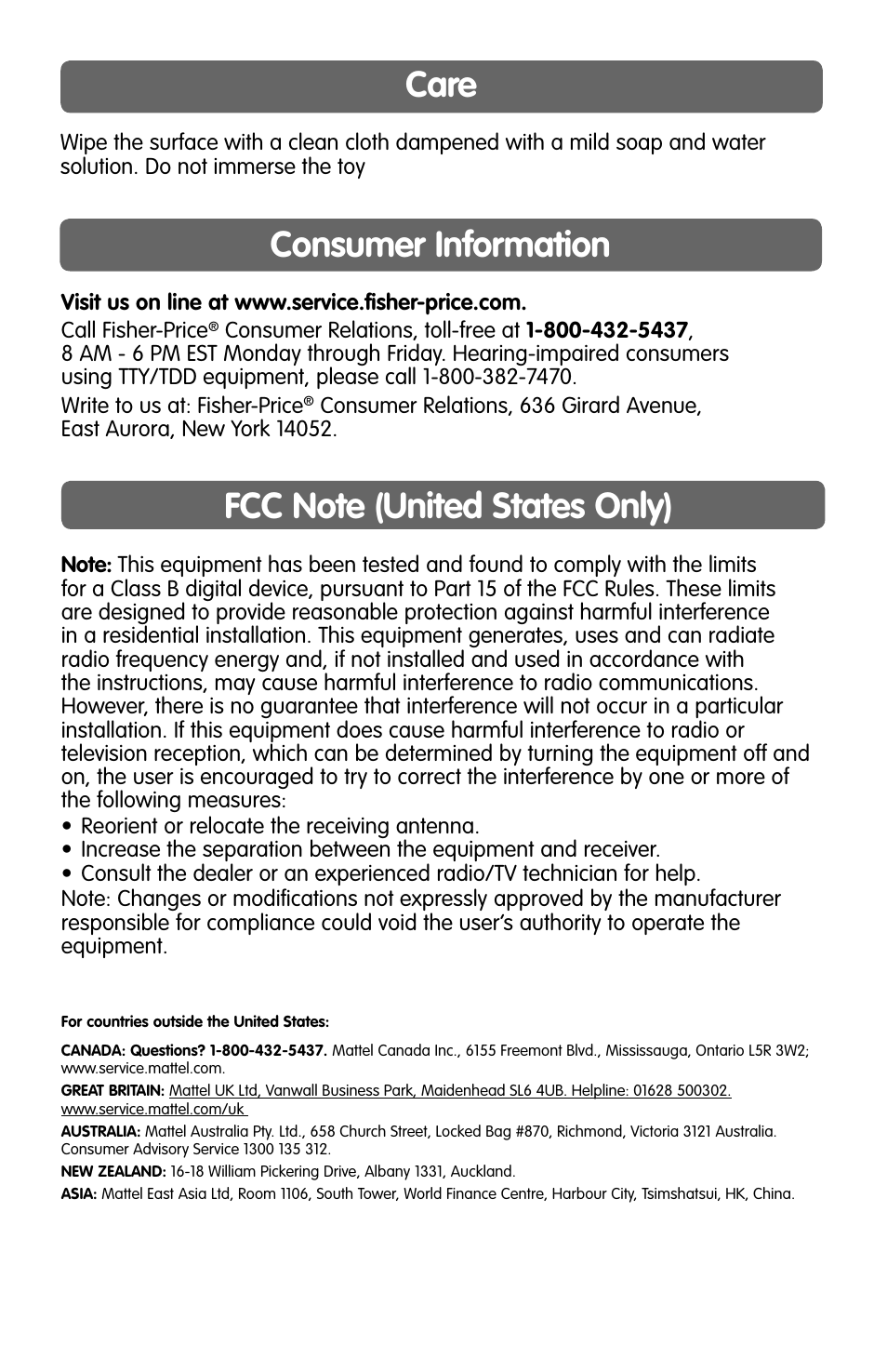 Consumer information, Care | Fisher-Price A TO Z LEARNING ZOO J0134 User Manual | Page 6 / 6