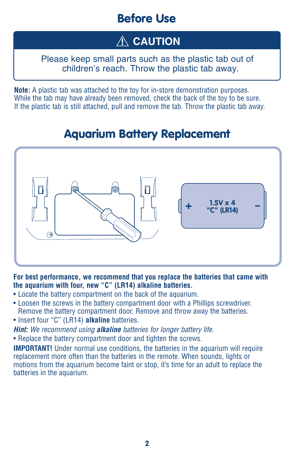 Before use, Aquarium battery replacement, Caution | Fisher-Price OCEAN WONDERS L6925 User Manual | Page 2 / 8