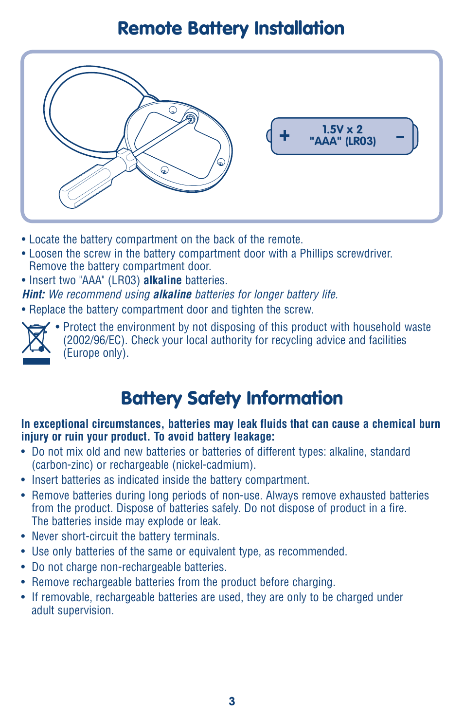 Remote battery installation, Battery safety information | Fisher-Price OCEAN WONDERS L6925 User Manual | Page 3 / 8