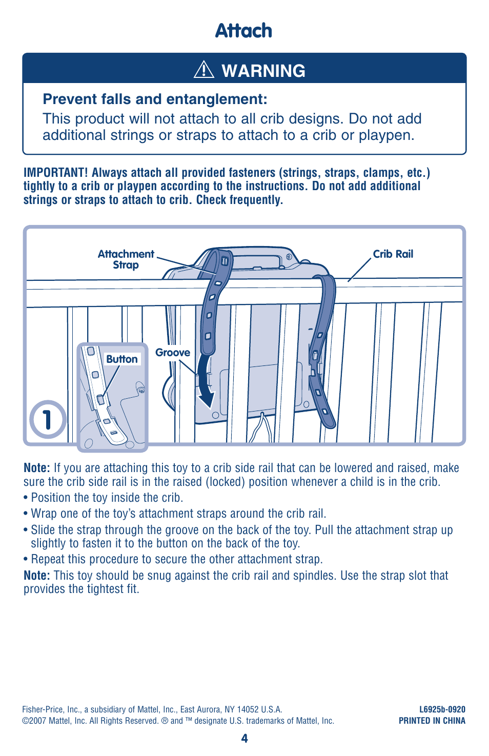 Attach, Warning | Fisher-Price OCEAN WONDERS L6925 User Manual | Page 4 / 8