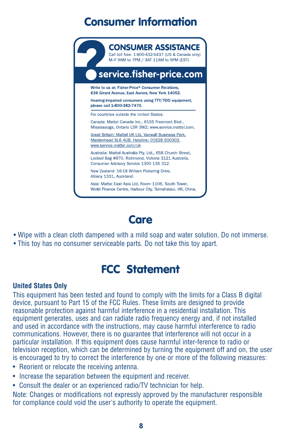 Fcc statement, Care consumer information | Fisher-Price OCEAN WONDERS L6925 User Manual | Page 8 / 8