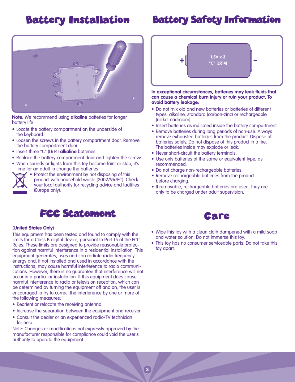 Battery installation, C a r e, Fcc statement | Battery safety information | Fisher-Price J6870 User Manual | Page 3 / 8