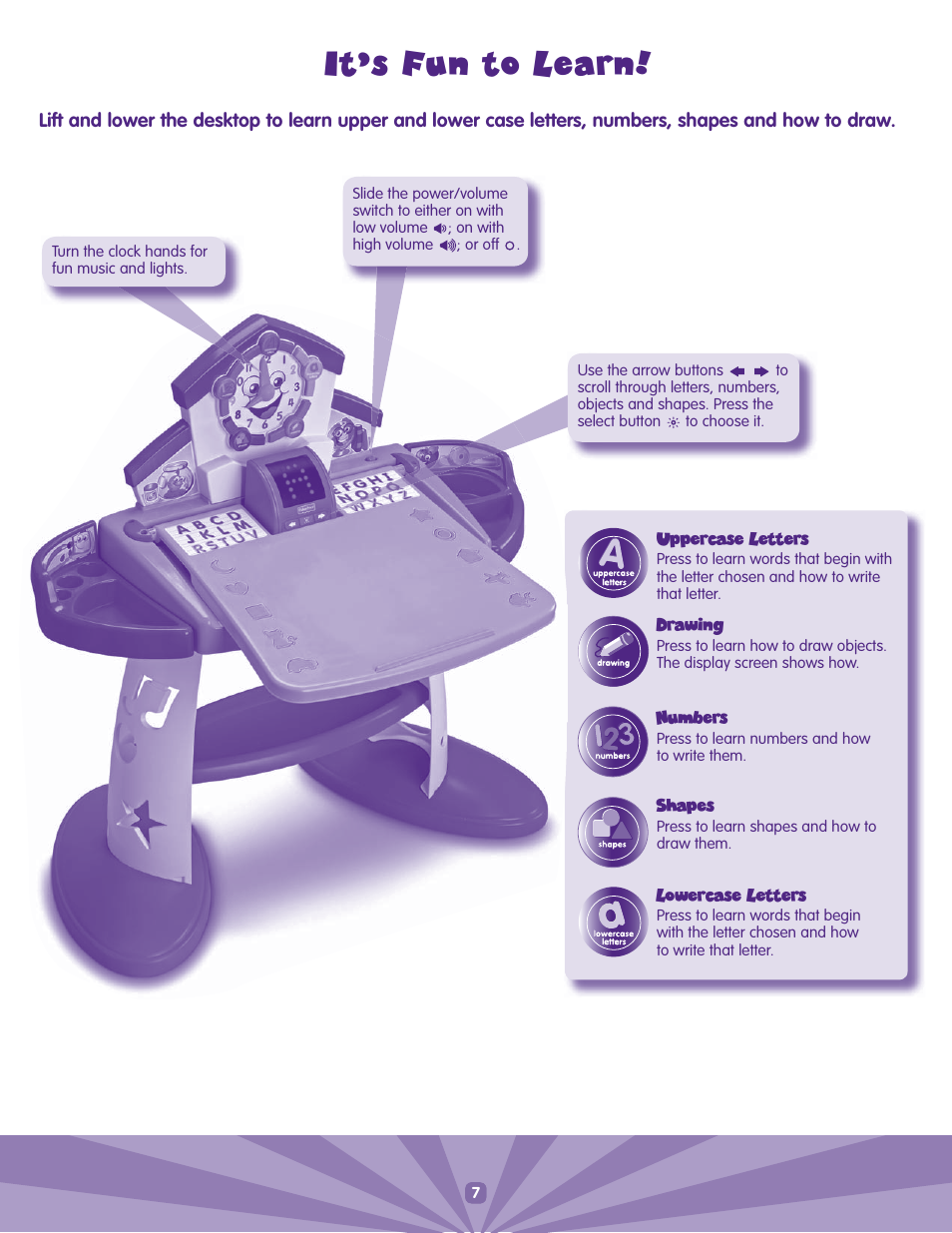 Numbers, Shapes, Drawing | Uppercase letters, Lowercase letters | Fisher-Price J6870 User Manual | Page 7 / 8
