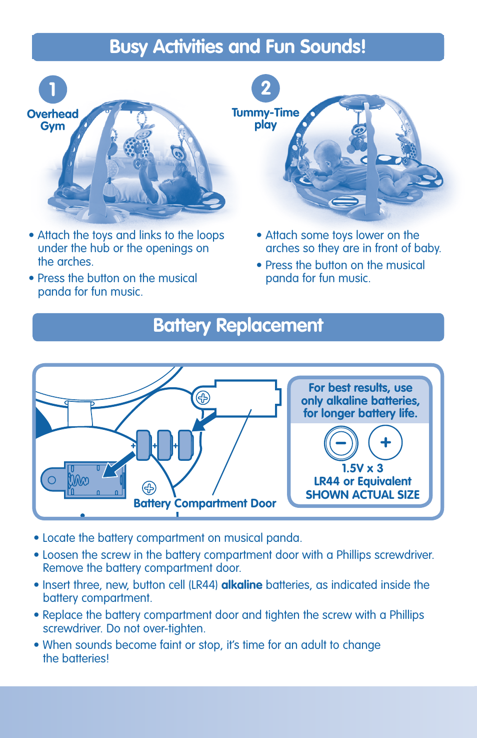 Busy activities and fun sounds, Battery replacement | Fisher-Price H8268 User Manual | Page 4 / 6