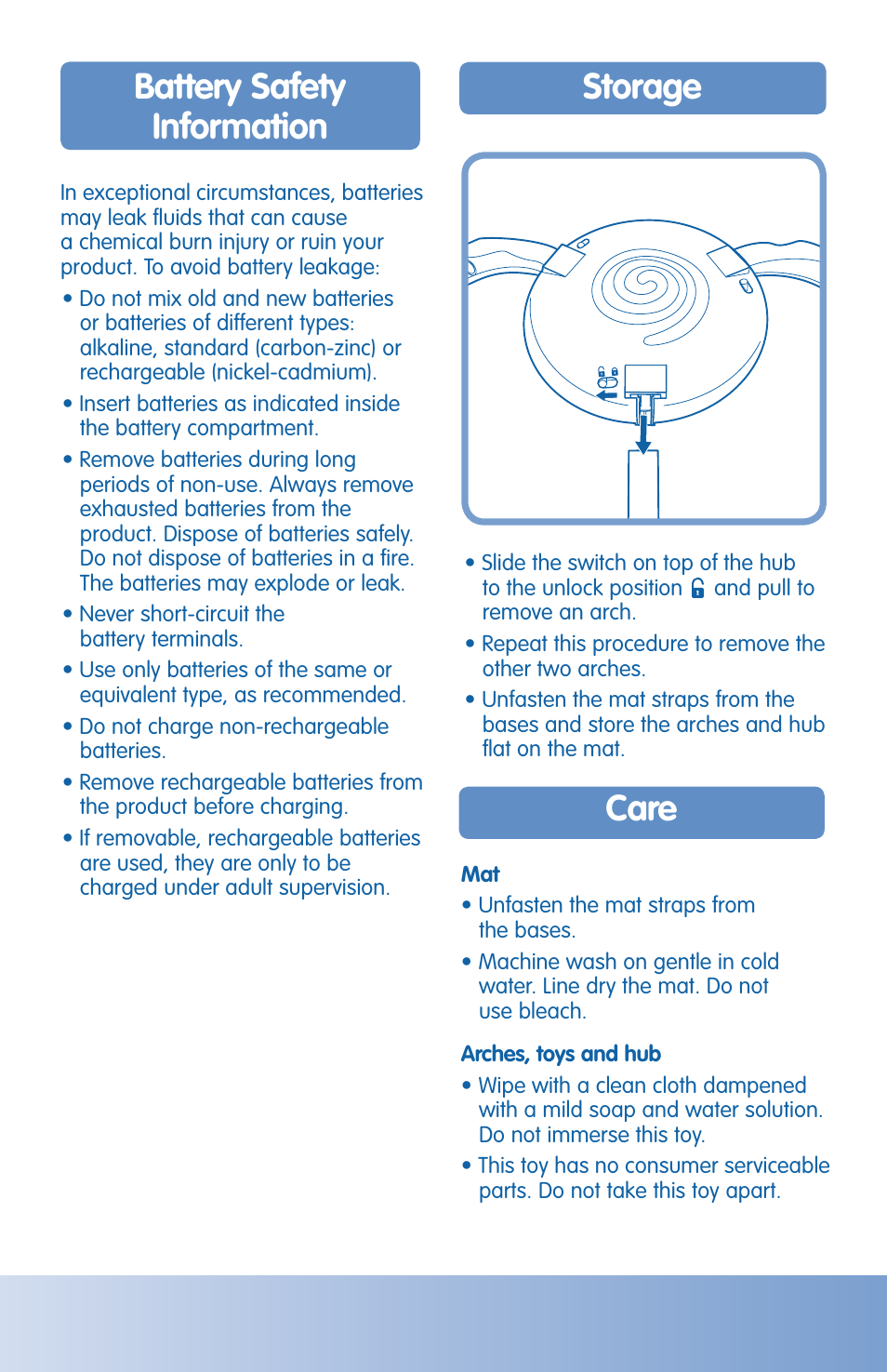 Battery safety information, Storage, Care | Fisher-Price H8268 User Manual | Page 5 / 6