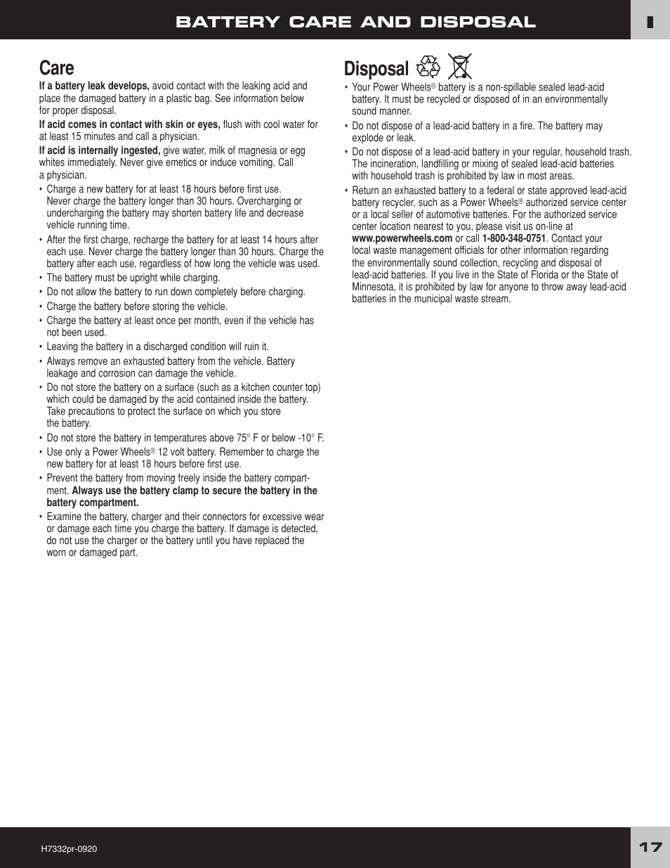 Care, Disposal, Battery care and disposal | Fisher-Price DORA THE EXPLORER H7332 User Manual | Page 17 / 24