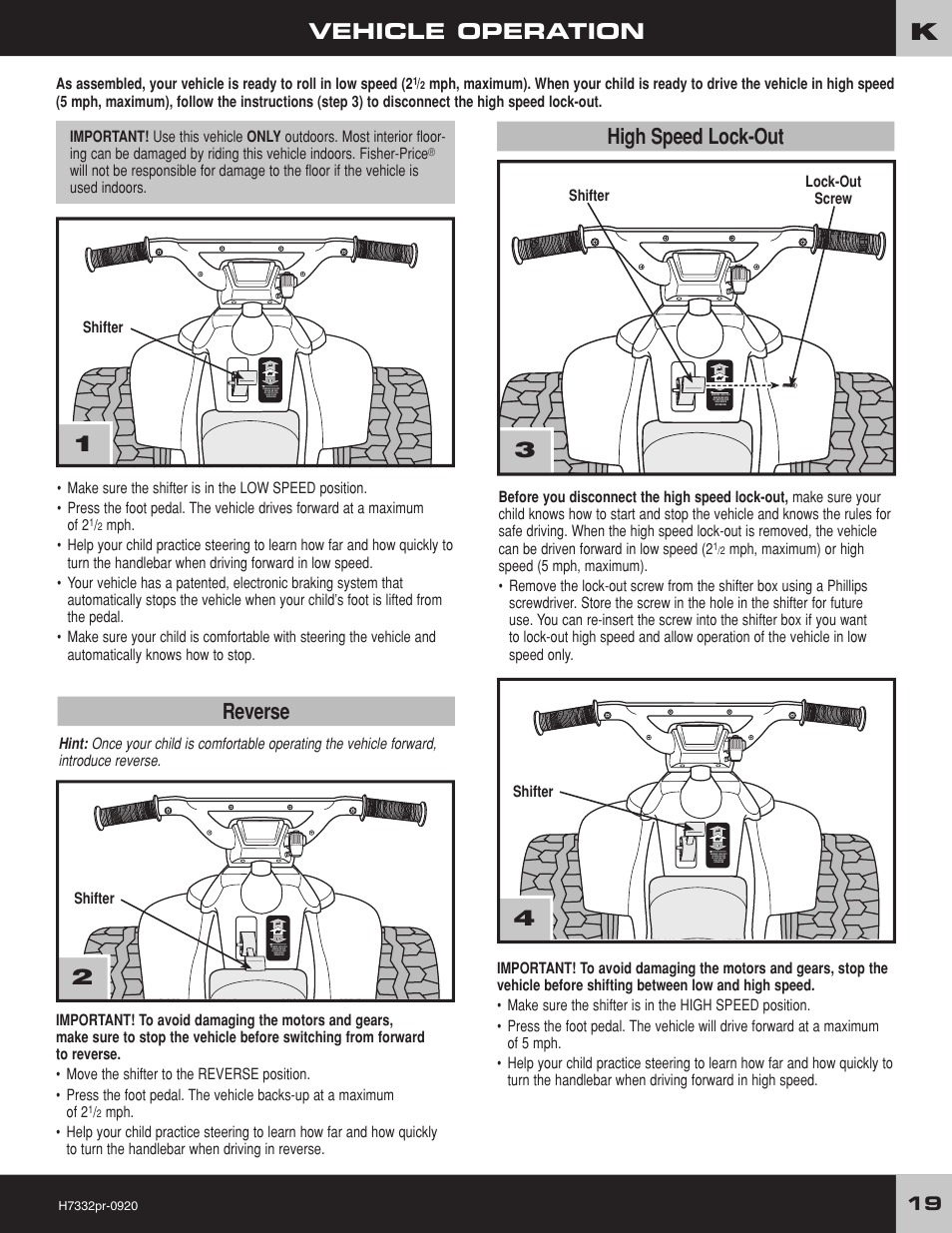 Vehicle operation, Reverse, 4high speed lock-out | Fisher-Price DORA THE EXPLORER H7332 User Manual | Page 19 / 24
