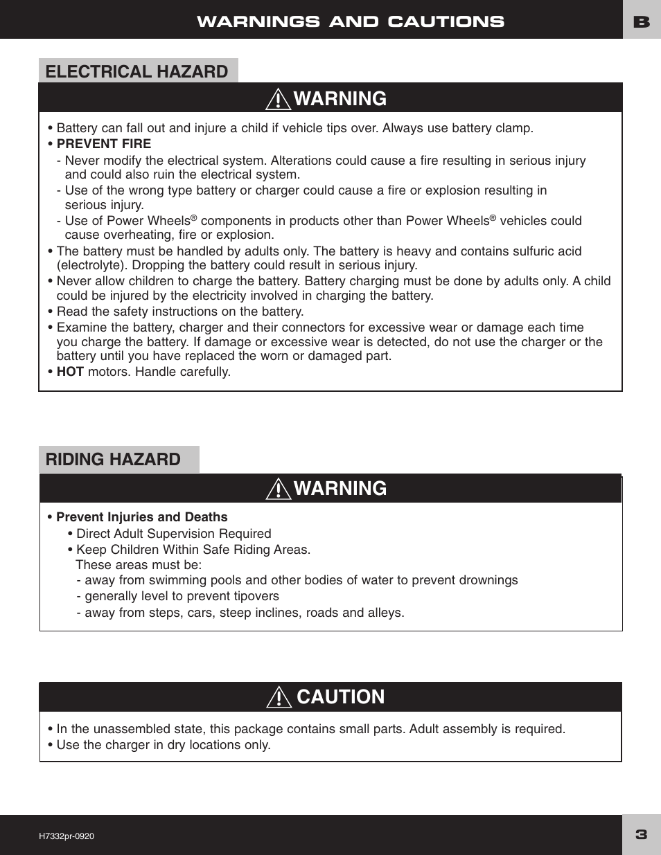 Warning caution, Warning, Electrical hazard | Riding hazard | Fisher-Price DORA THE EXPLORER H7332 User Manual | Page 3 / 24