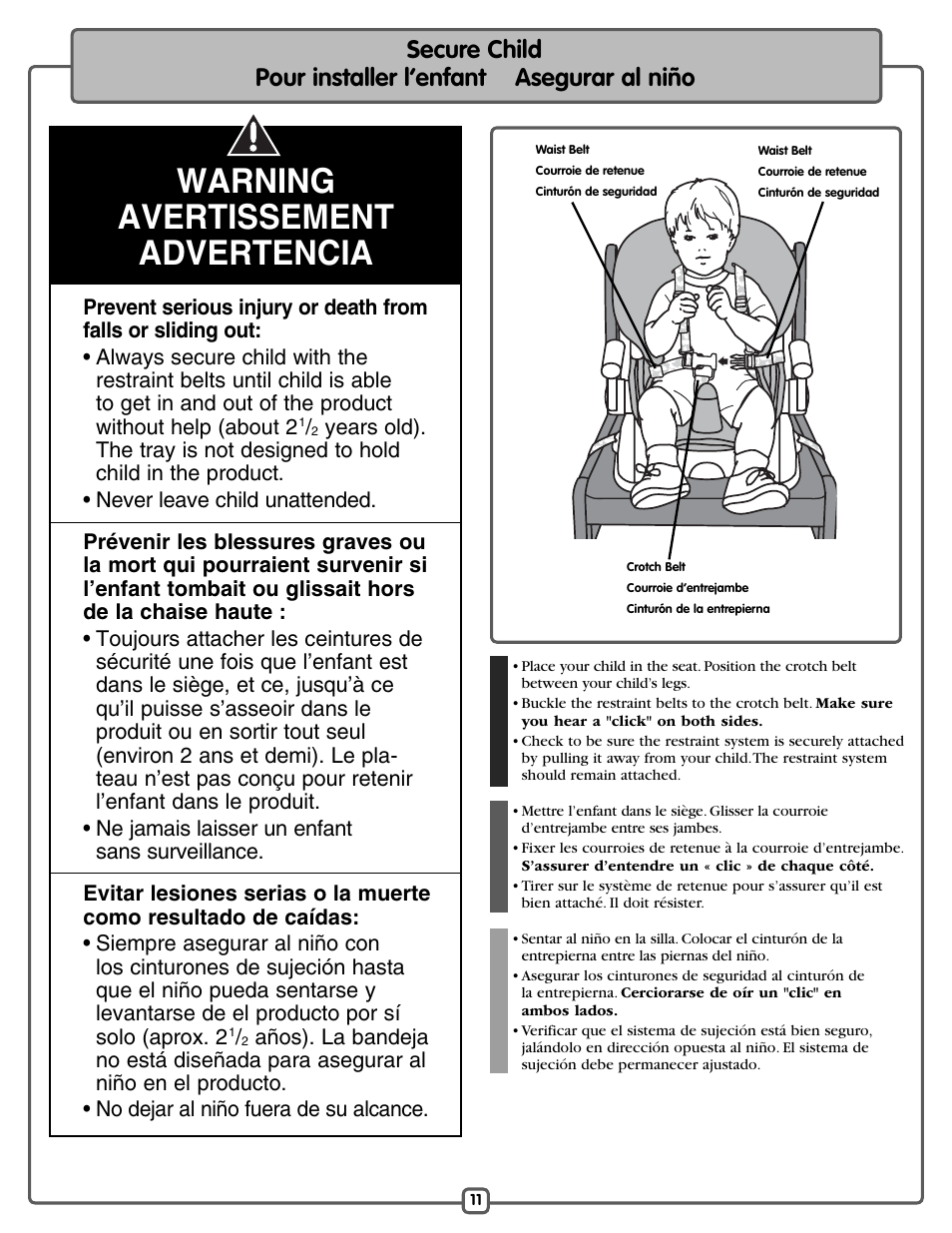 Warning avertissement advertencia | Fisher-Price J5933 H9499 L1907 M4794 User Manual | Page 11 / 20