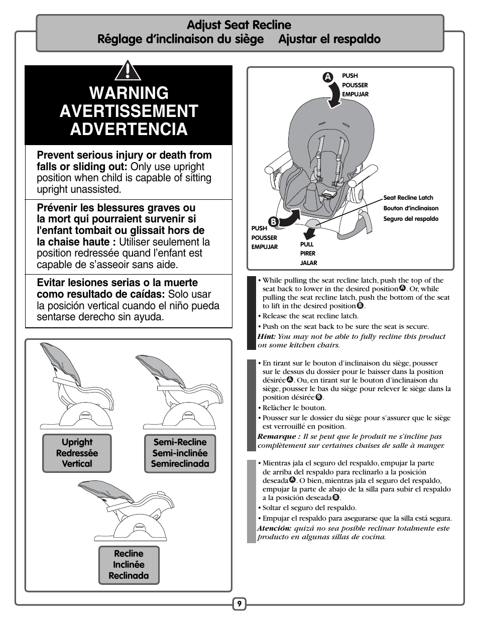 Warning avertissement advertencia | Fisher-Price J5933 H9499 L1907 M4794 User Manual | Page 9 / 20