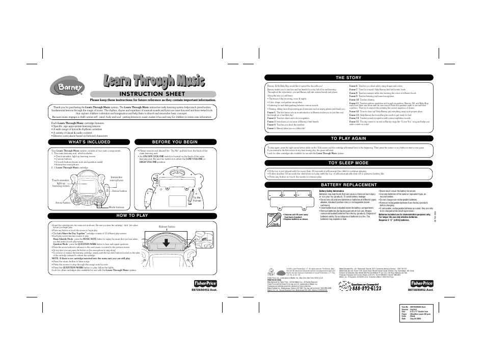 Fisher-Price BARNEY B8728-0920 User Manual | 1 page