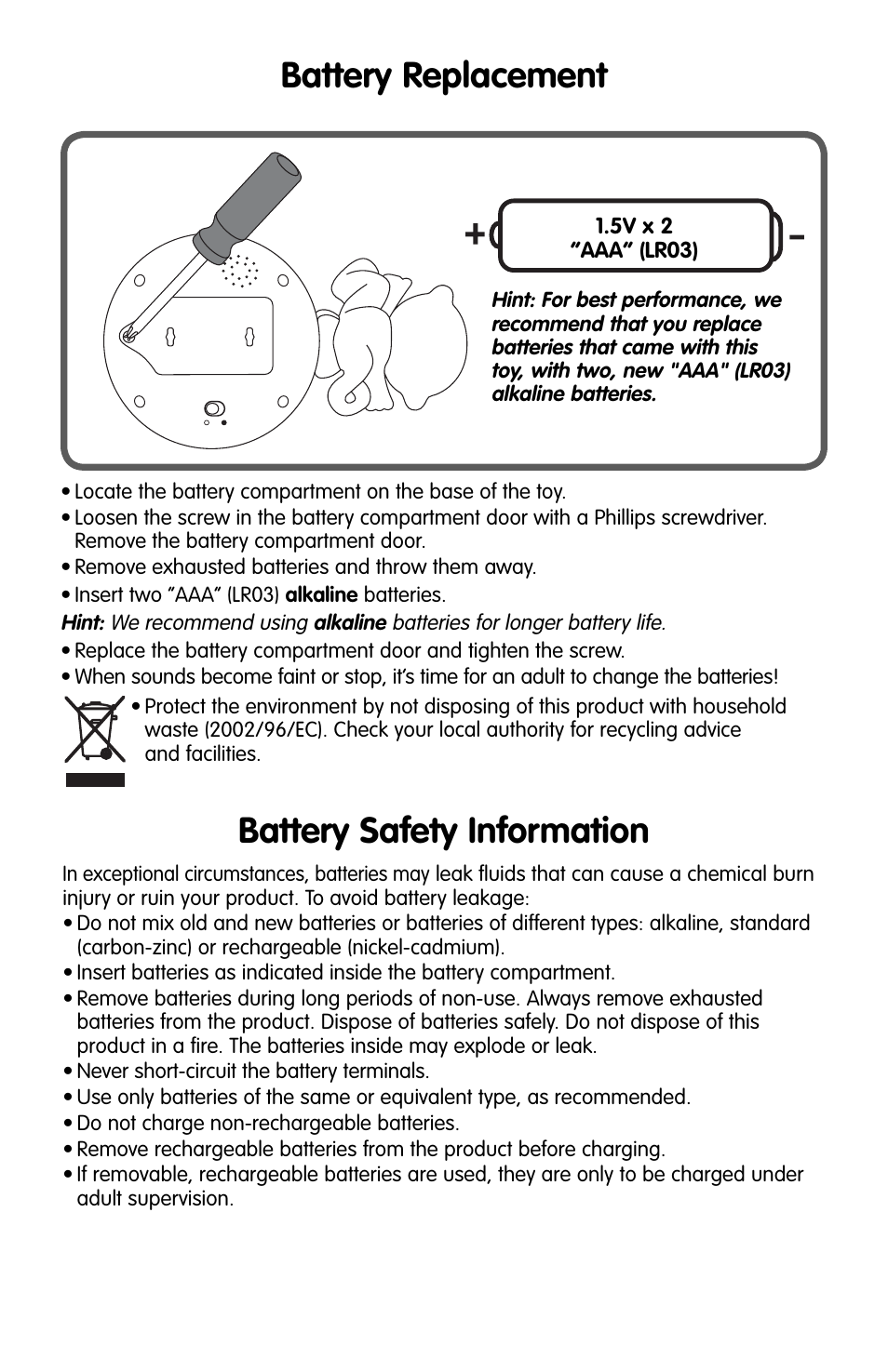 Battery replacement, Battery safety information | Fisher-Price M4045 User Manual | Page 2 / 4