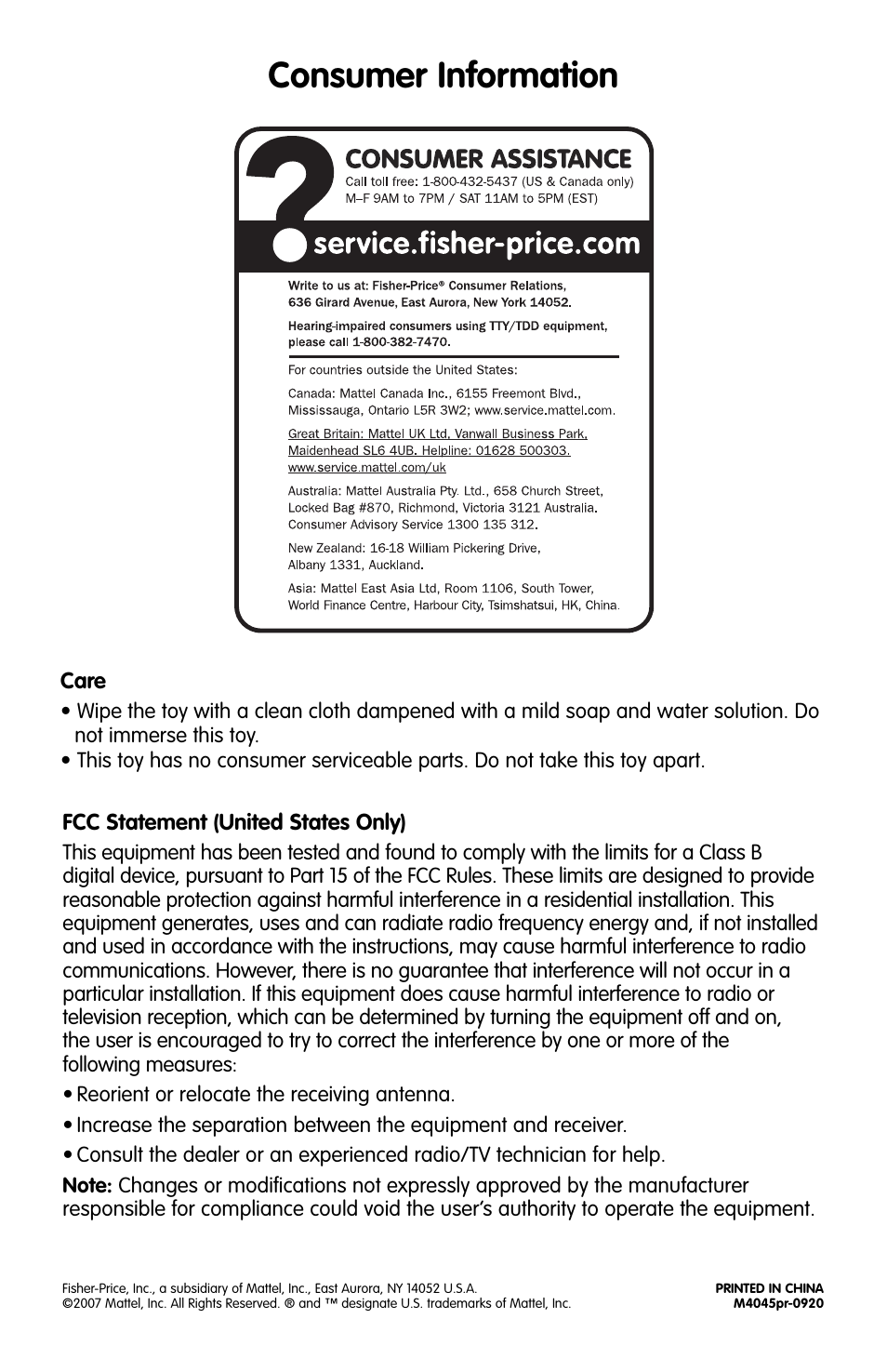 Consumer information | Fisher-Price M4045 User Manual | Page 4 / 4