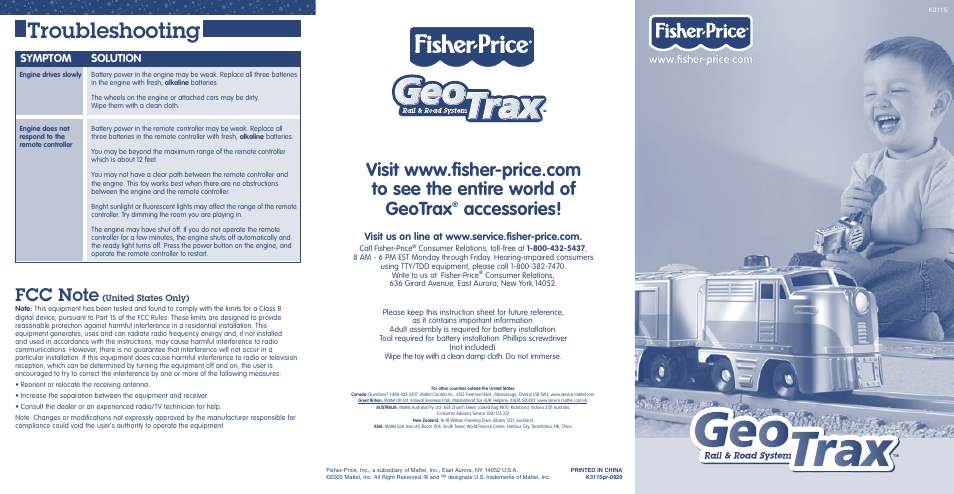 Fisher-Price GEO TRAX K3115 User Manual | 2 pages