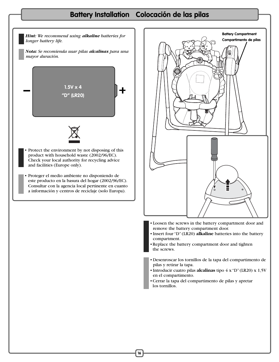 Battery installation colocación de las pilas | Fisher-Price L1154 User Manual | Page 16 / 24