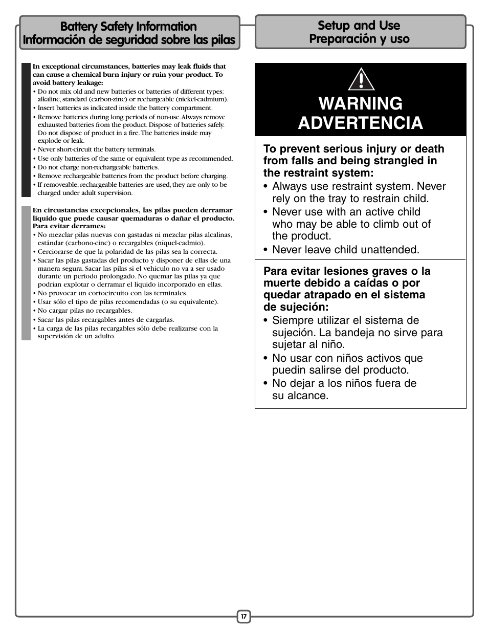 Warning advertencia | Fisher-Price L1154 User Manual | Page 17 / 24