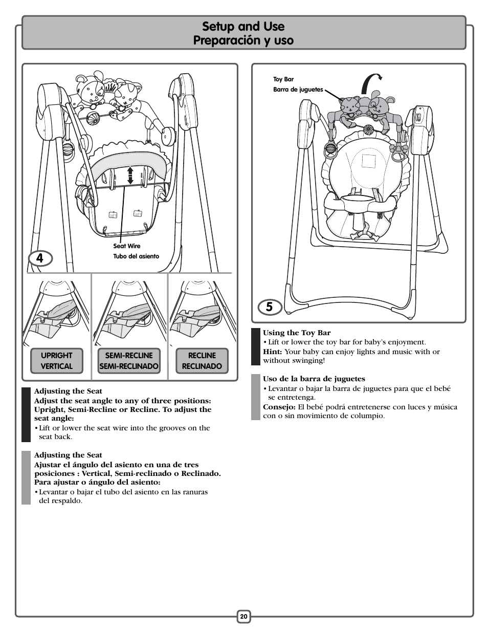 Setup and use preparación y uso | Fisher-Price L1154 User Manual | Page 20 / 24