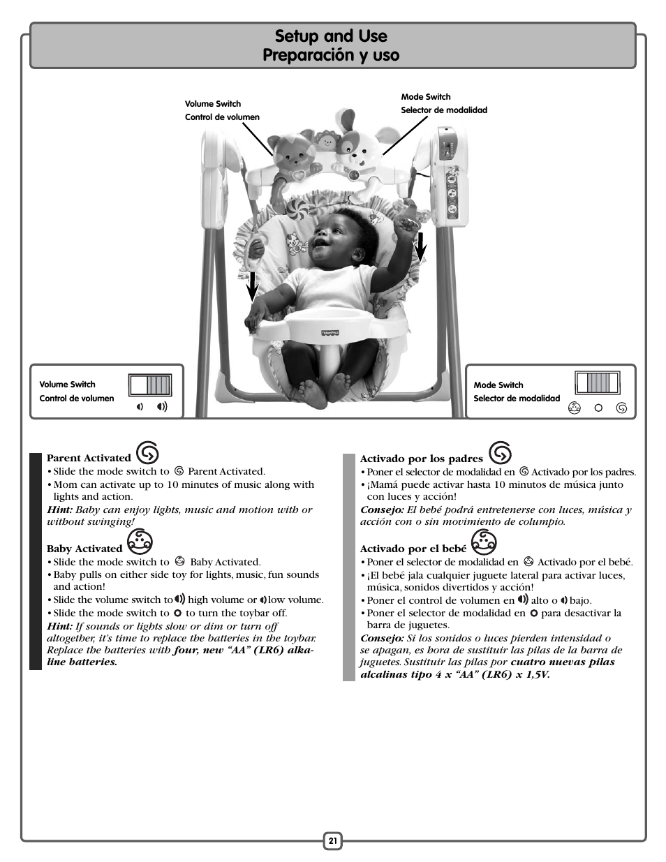 Setup and use preparación y uso | Fisher-Price L1154 User Manual | Page 21 / 24