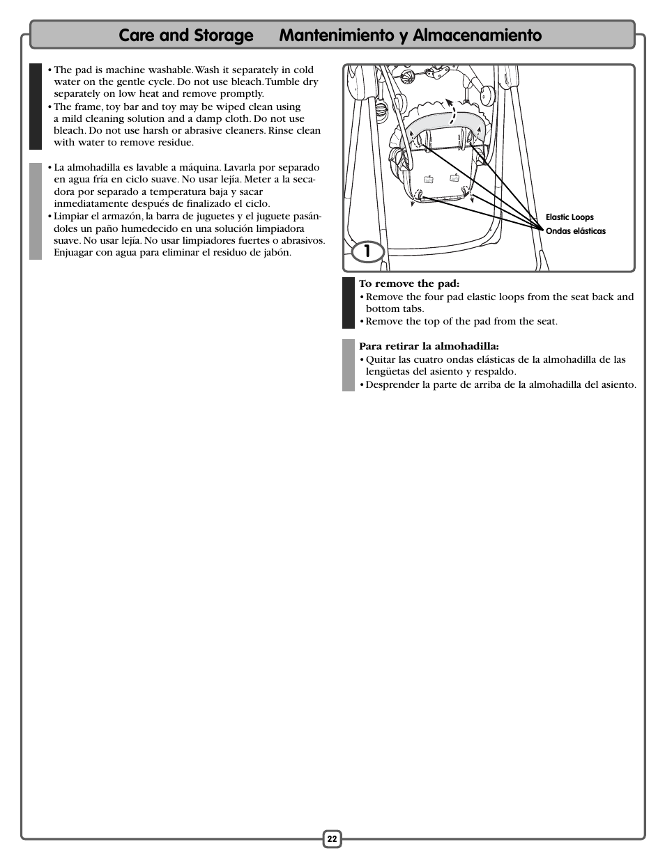 Care and storage mantenimiento y almacenamiento | Fisher-Price L1154 User Manual | Page 22 / 24