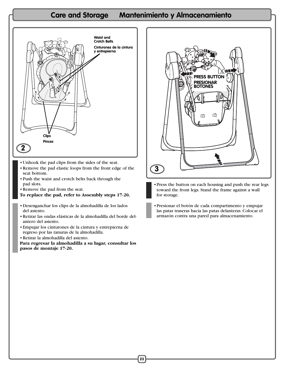 Care and storage mantenimiento y almacenamiento | Fisher-Price L1154 User Manual | Page 23 / 24