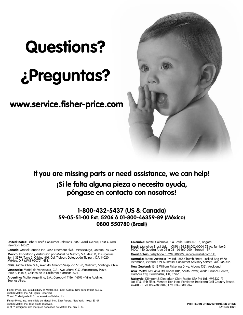 Questions? ¿preguntas | Fisher-Price L1154 User Manual | Page 24 / 24