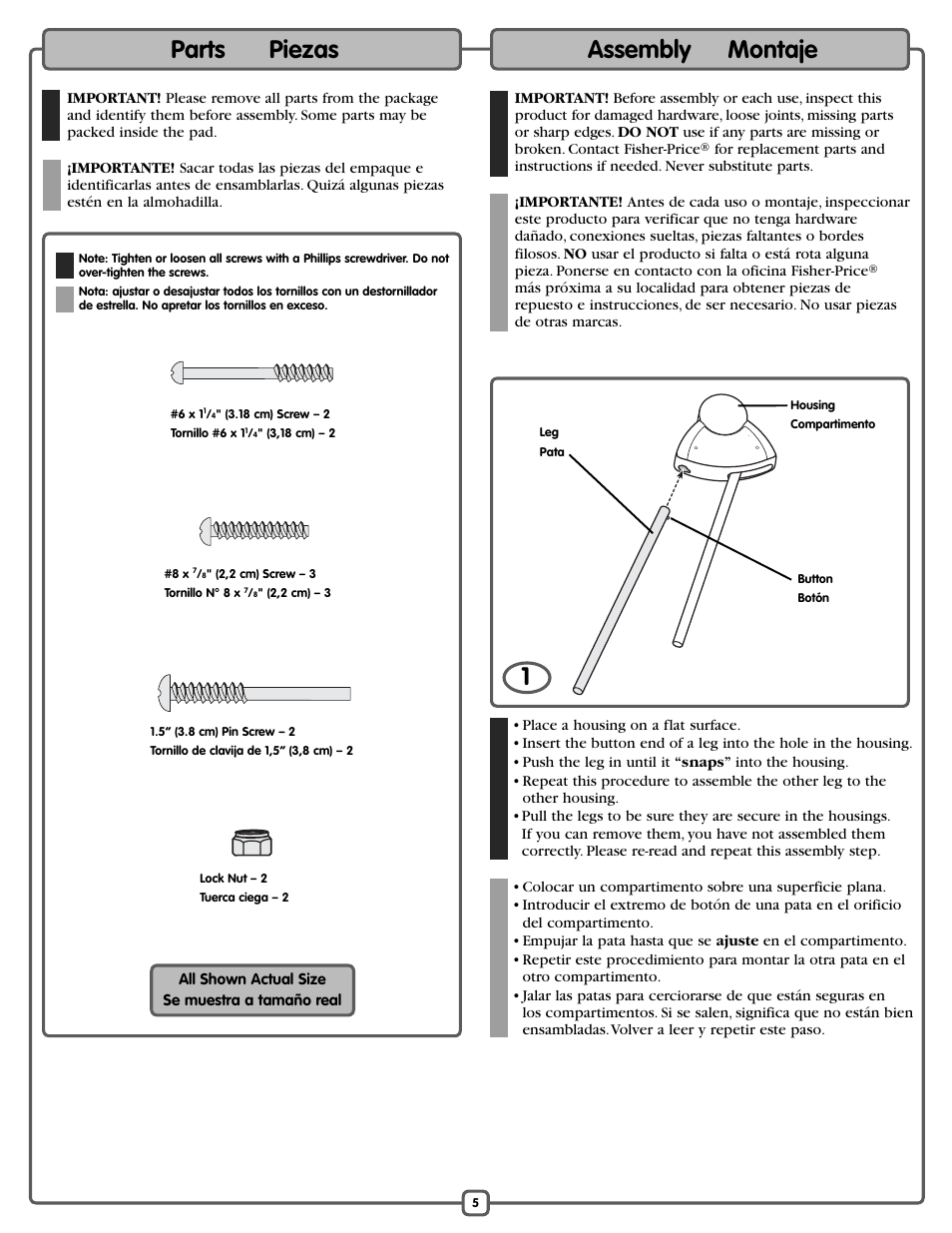 Parts piezas, Assembly montaje 1 | Fisher-Price L1154 User Manual | Page 5 / 24