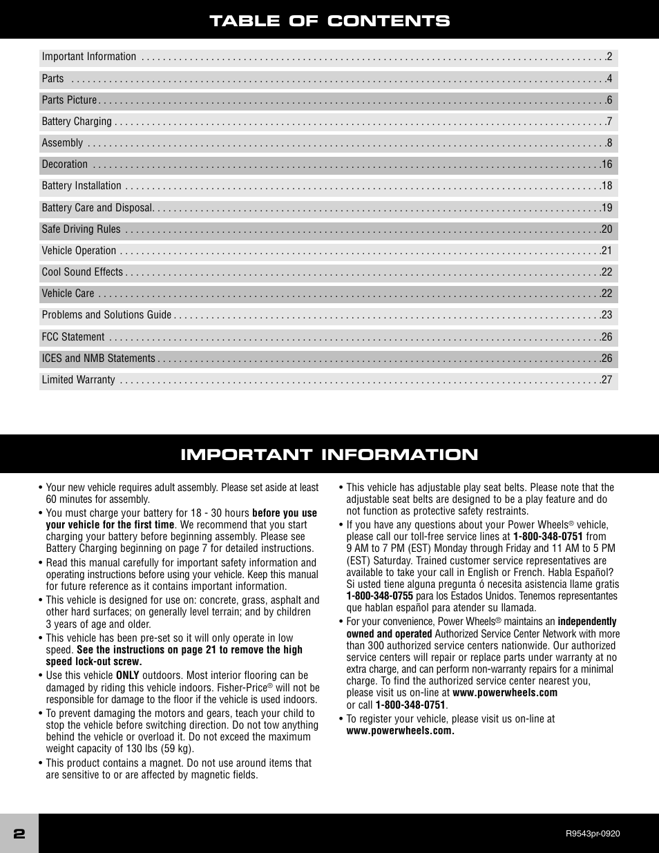 Important information table of contents | Fisher-Price R9543 User Manual | Page 2 / 29
