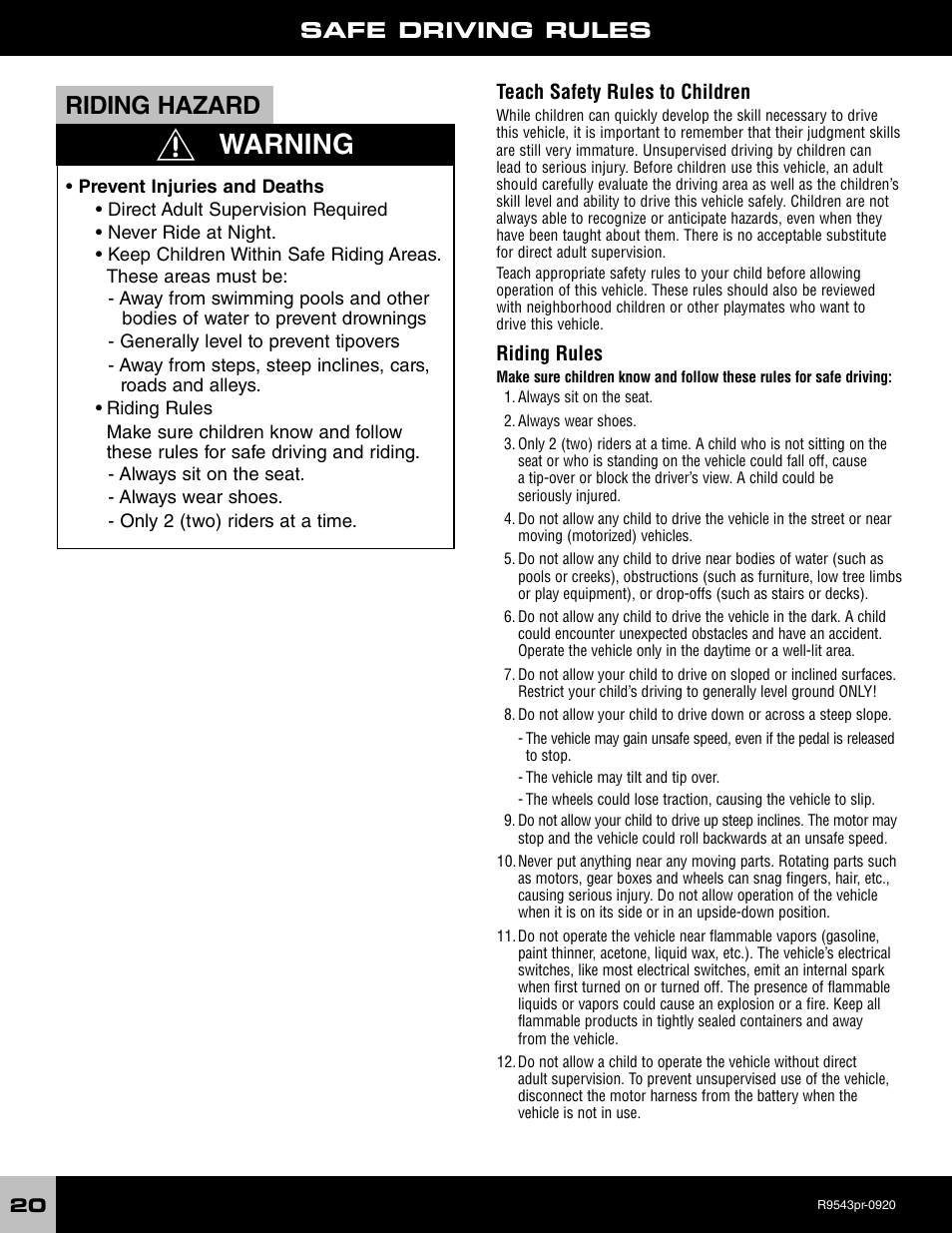 Warning, Riding hazard, Safe driving rules | Fisher-Price R9543 User Manual | Page 20 / 29