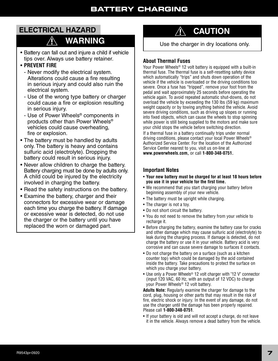 Caution, Warning, Electrical hazard | Battery charging | Fisher-Price R9543 User Manual | Page 7 / 29