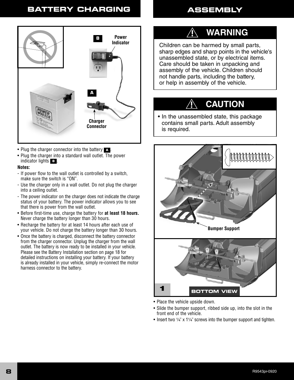 Warning, Caution, Battery charging | Assembly | Fisher-Price R9543 User Manual | Page 8 / 29