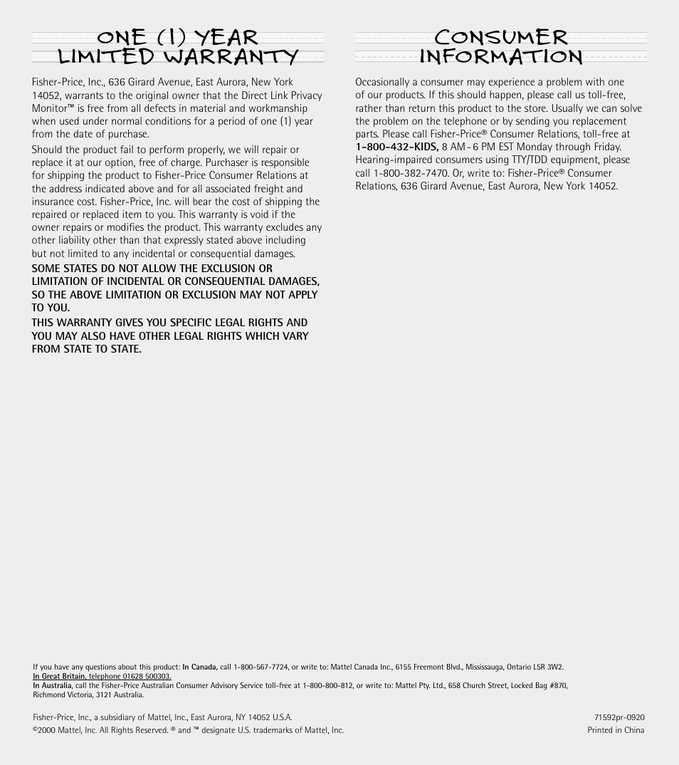 One (1) year limited warranty, Consumer information | Fisher-Price 71592 User Manual | Page 12 / 12