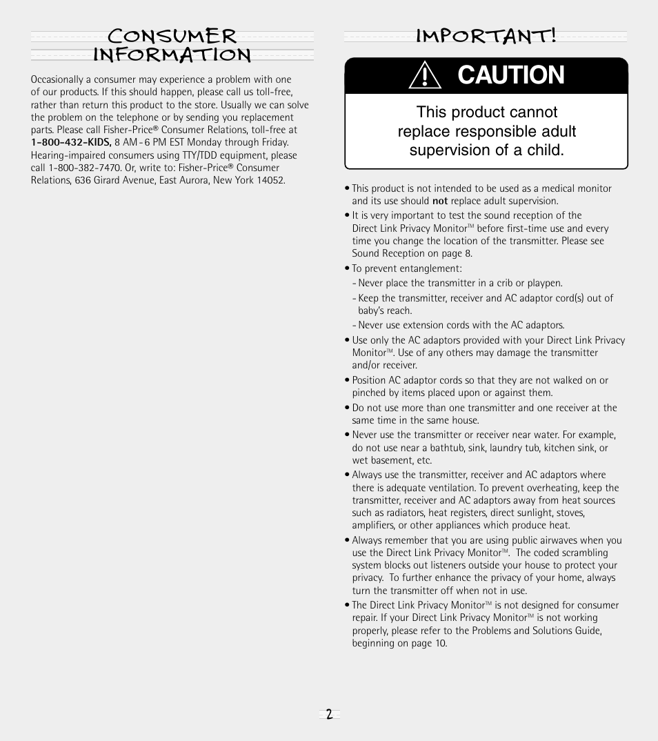Caution, Important! consumer information | Fisher-Price 71592 User Manual | Page 2 / 12