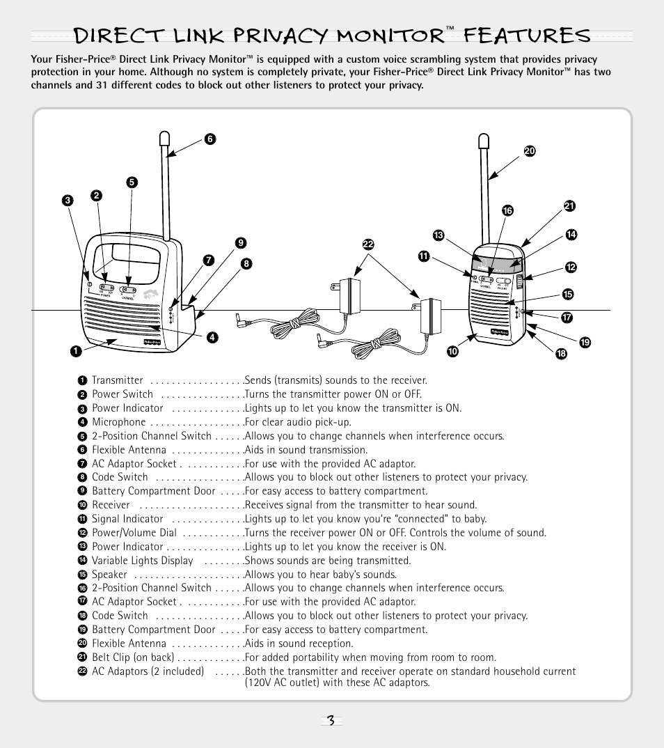 Direct link privacy monitor, Features | Fisher-Price 71592 User Manual | Page 3 / 12