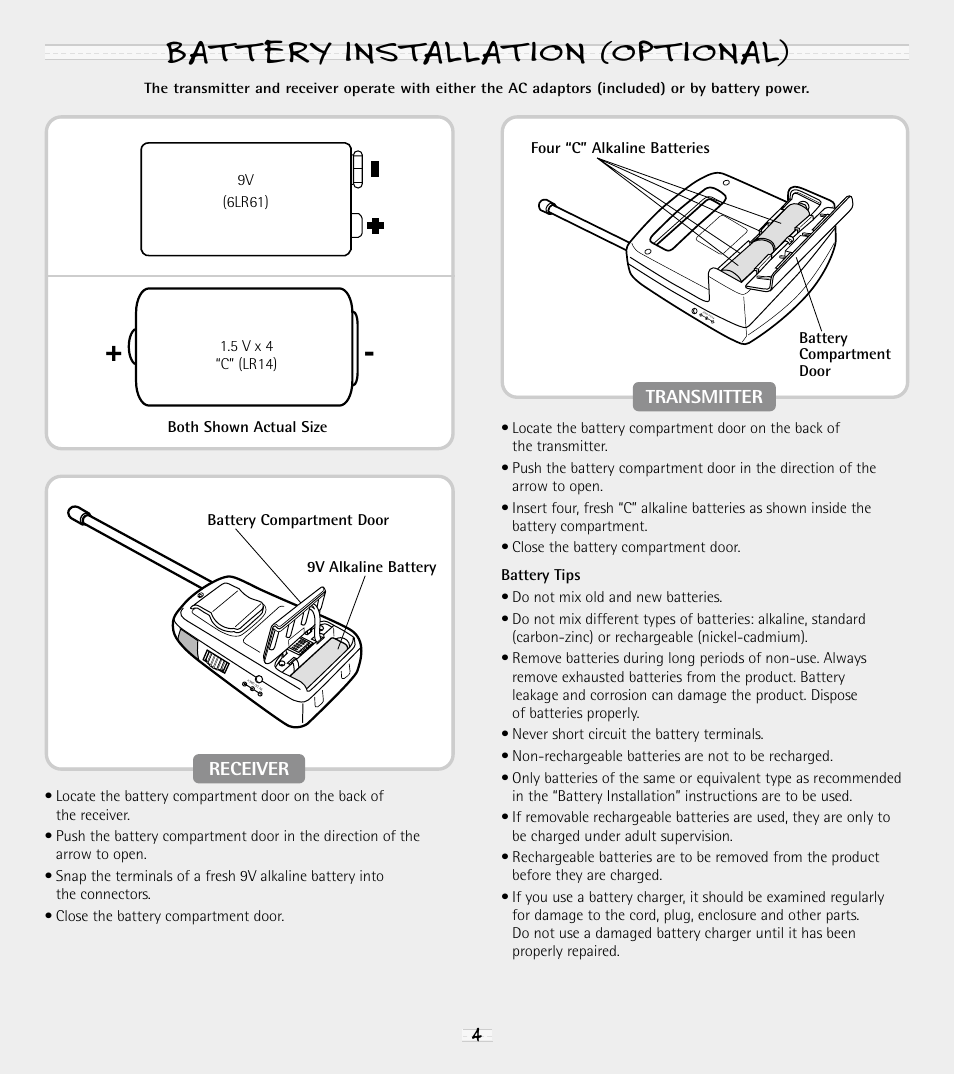 Battery installation (optional), Receiver, Transmitter | Fisher-Price 71592 User Manual | Page 4 / 12