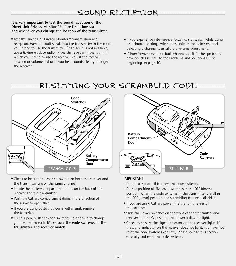 Sound reception, Resetting your scrambled code, Receiver transmitter | Fisher-Price 71592 User Manual | Page 8 / 12