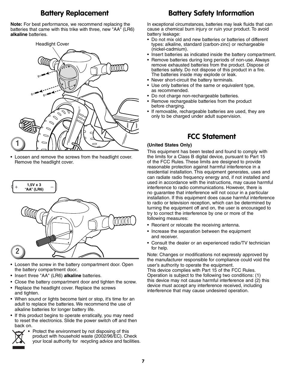Fcc statement, Battery replacement battery safety information | Fisher-Price W4695 User Manual | Page 7 / 8