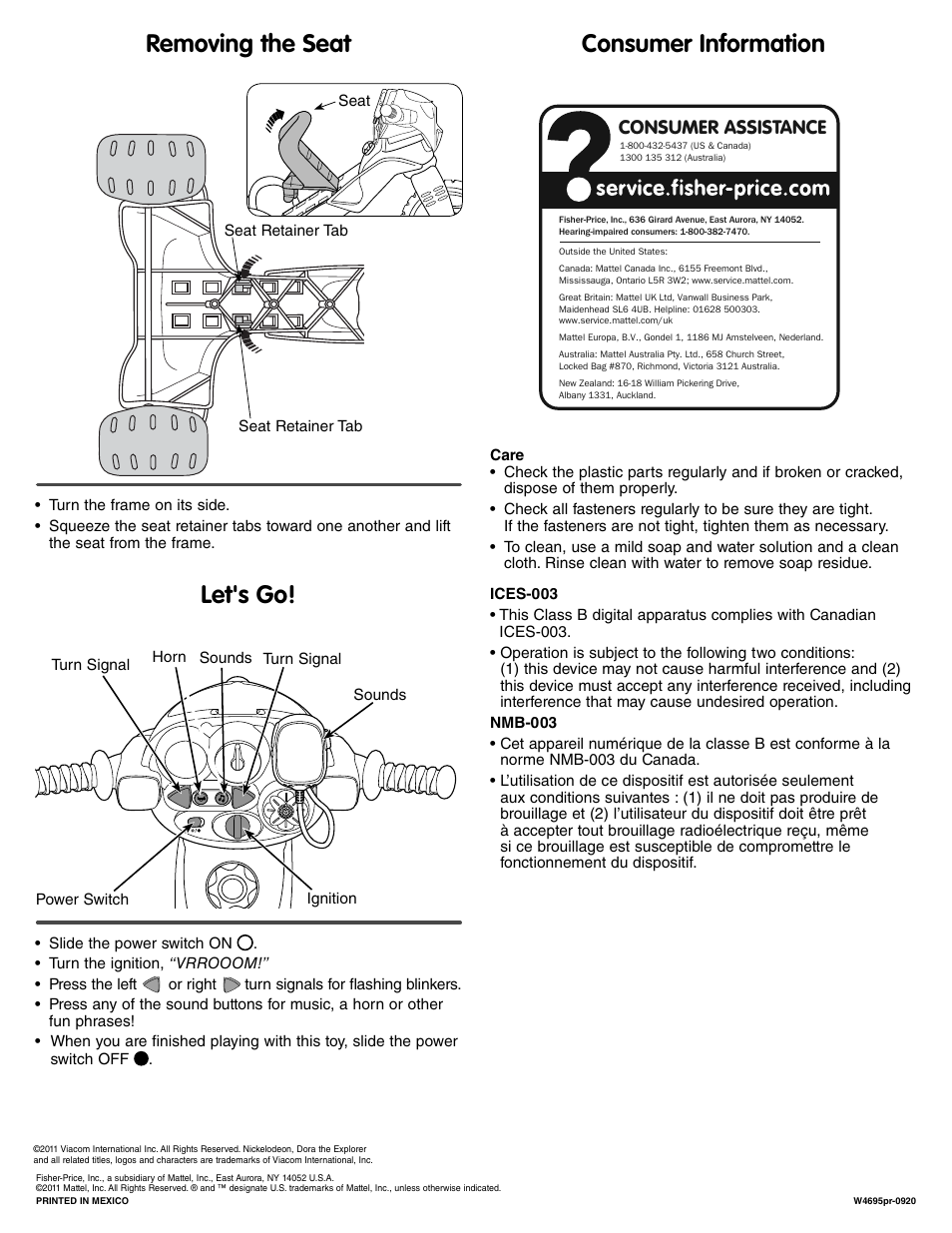 Removing the seat let's go! consumer information, Consumer assistance | Fisher-Price W4695 User Manual | Page 8 / 8
